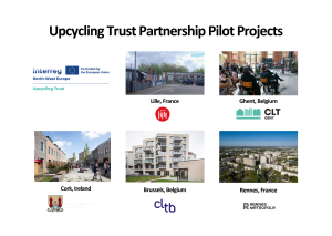 Image featuring upcycling trust partnership pilot projects in Lille, Ghent, Cork, Brussels, and Rennes.