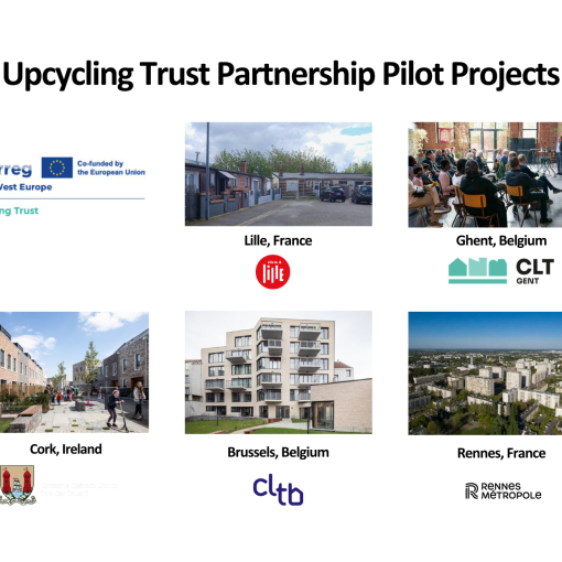 Image featuring upcycling trust partnership pilot projects in Lille, Ghent, Cork, Brussels, and Rennes.